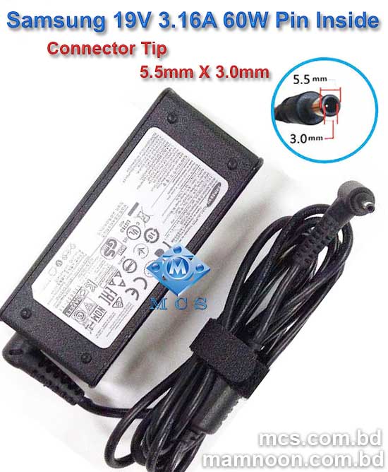 Samsung Laptop Adapter Charger 19V 3.16A 60W 5.5mm X 3.0mm Pin Inside
