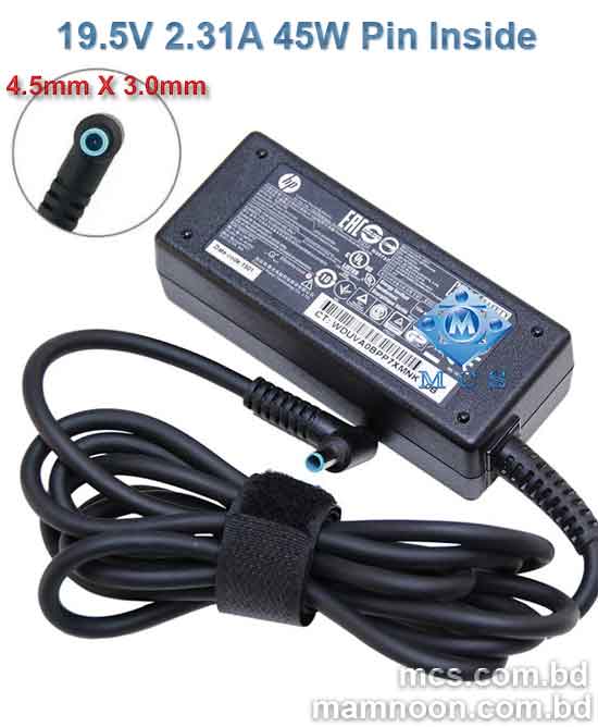 HP Laptop Adapter Charger 19.5V 2.31A 45W 4.5mm X 3.0mm Pin Inside Blue Pin1