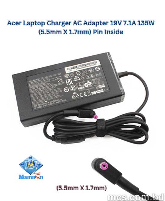 Acer Laptop AC Adapter 19V 7.1A 135W 5.5mm X 1.7mm Pin Inside